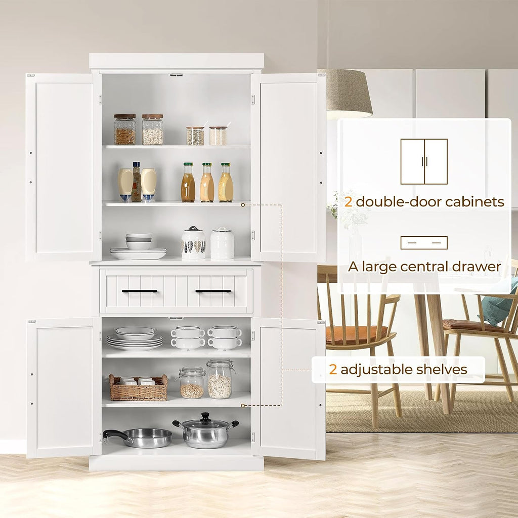 Yaheetech Kitchen Pantry Storage Cabinet with 4 Doors and 2 Adjustable Shelves, 72.5' Freestanding Tall Cupboard Cabinet with Drawer for Dining/Living Room, White