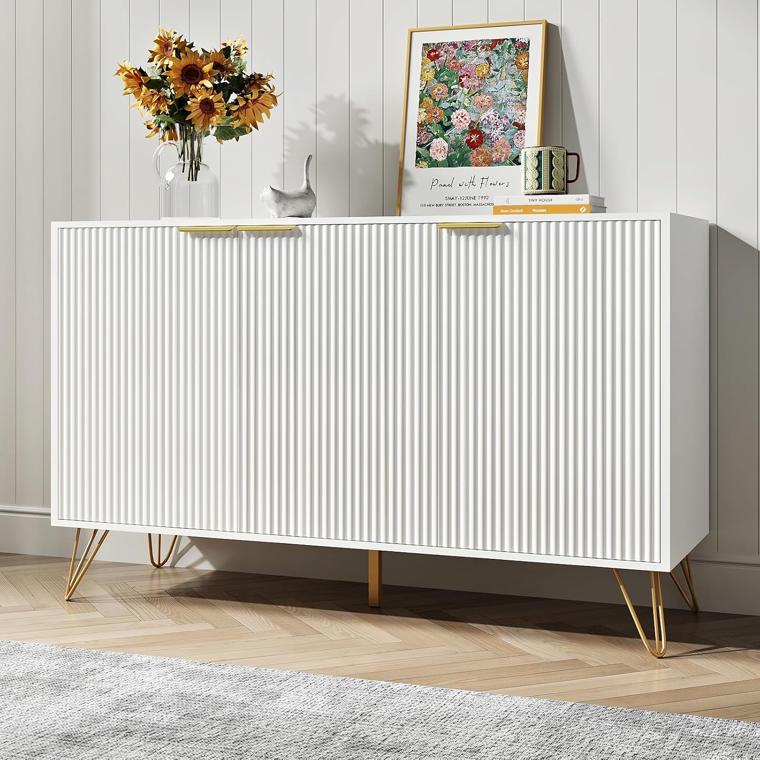 Storage Cabinet with 3 Doors, Buffet Cabinet with Storage, Sideboard Coffee Bar Cabinet with Metal Legs and Adjustable Shelf for Kitchen, Dining Room, Living Room, Office, White