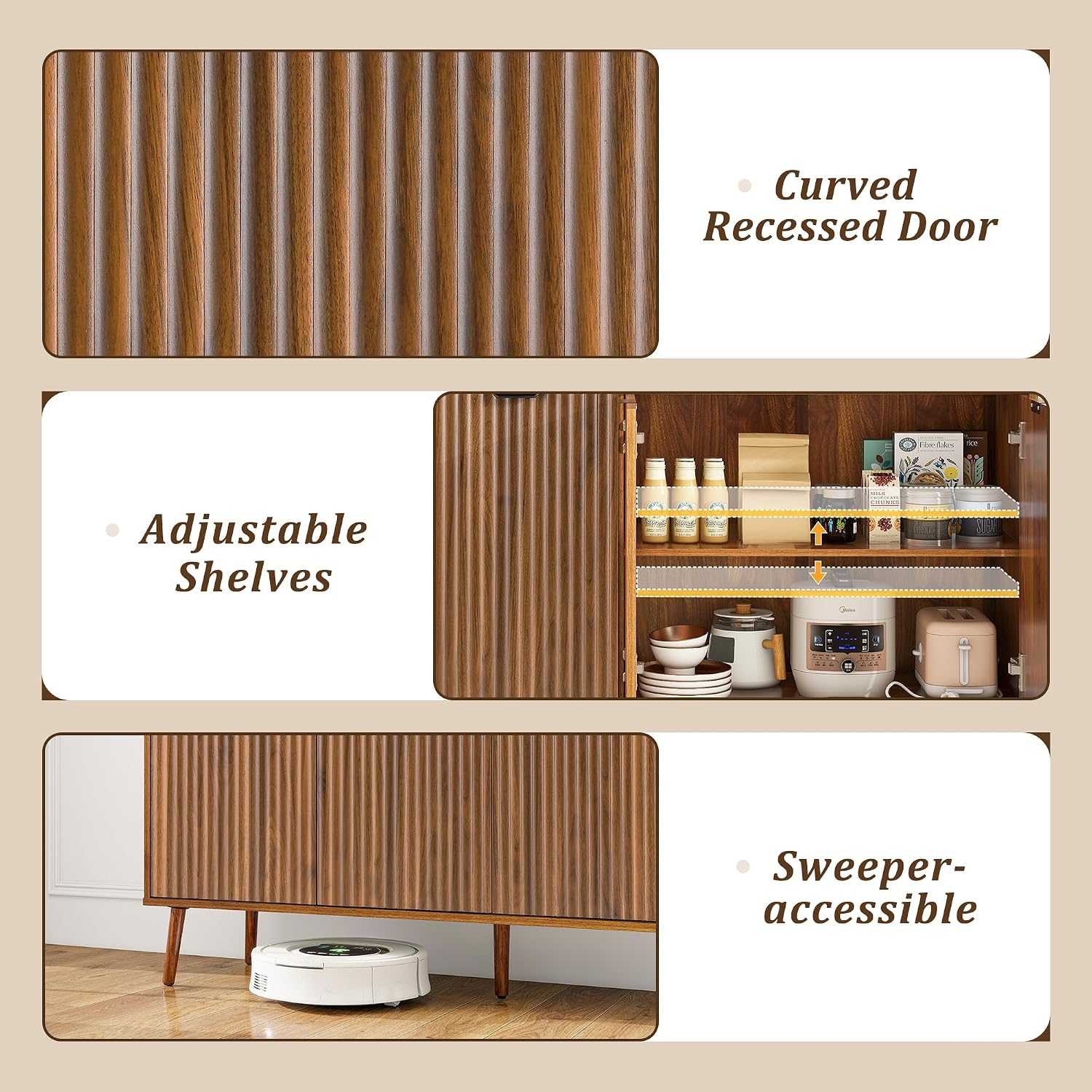 LYNCOHOME Fluted Sideboard Buffet Cabinet with Storage,2 Drawers and 4 Doors,Wood Coffee Bar Cabinet with Solid Wood Feet for Kitchen,Hallway