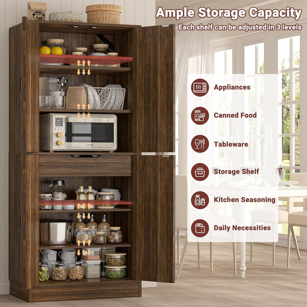 Unikito 71' Farmhouse Kitchen Pantry Storage Cabinet with Barn Doors, Adjustable Shelves & Drawer Organizer, Versatile Tall Storage Cupboard for Dining Room, Bathroom, Utility Room, Weathered Brown