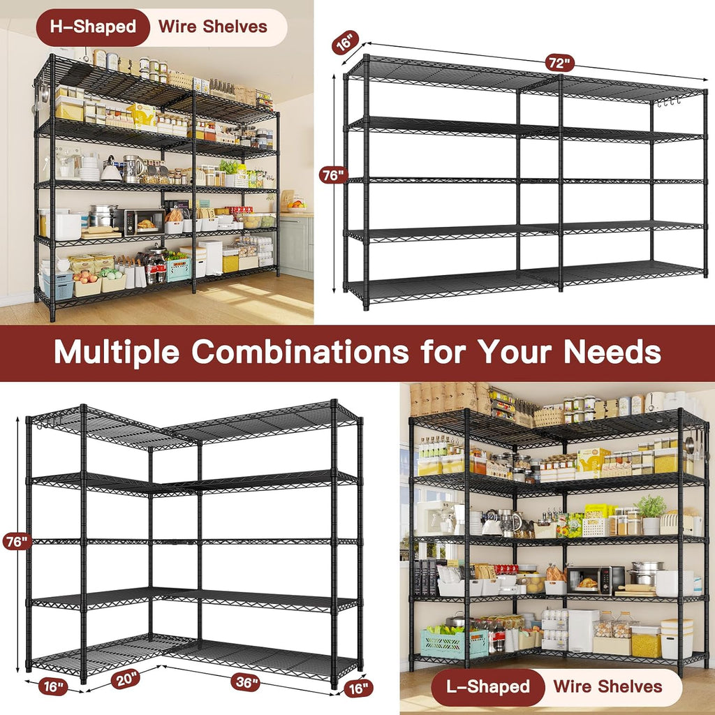 PrimeZone 5 Tier 72' W x 16''D x 76''H Metal Storage Wire Shelves - Heavy Duty Standing Garage Shelving Unit, Adjustable Steel Wire Rack Utility Shelf for Warehouse Kitchen Pantry Corner, Black