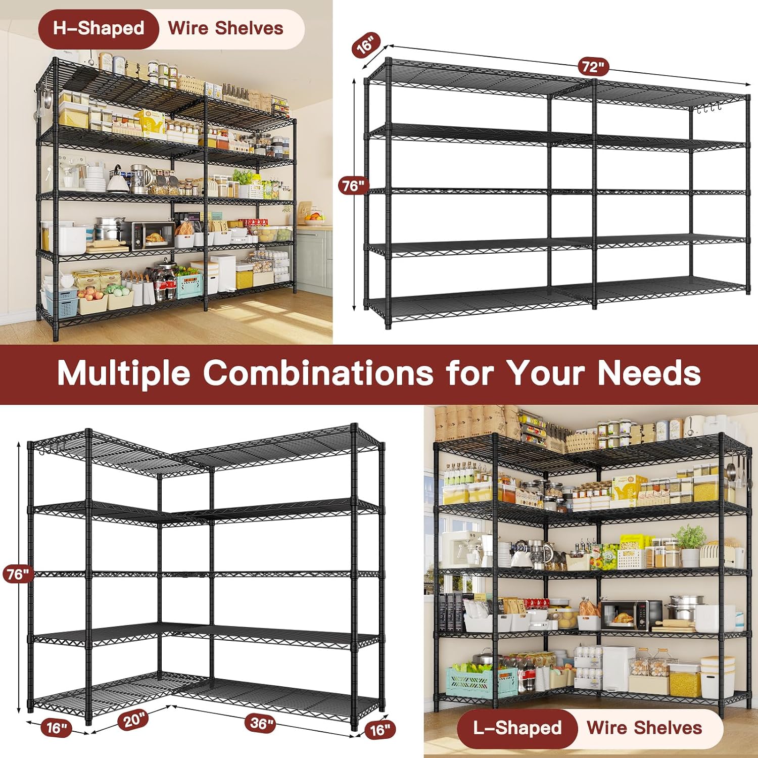 PrimeZone 5 Tier 72' W x 16''D x 76''H Metal Storage Wire Shelves - Heavy Duty Standing Garage Shelving Unit, Adjustable Steel Wire Rack Utility Shelf for Warehouse Kitchen Pantry Corner, Black