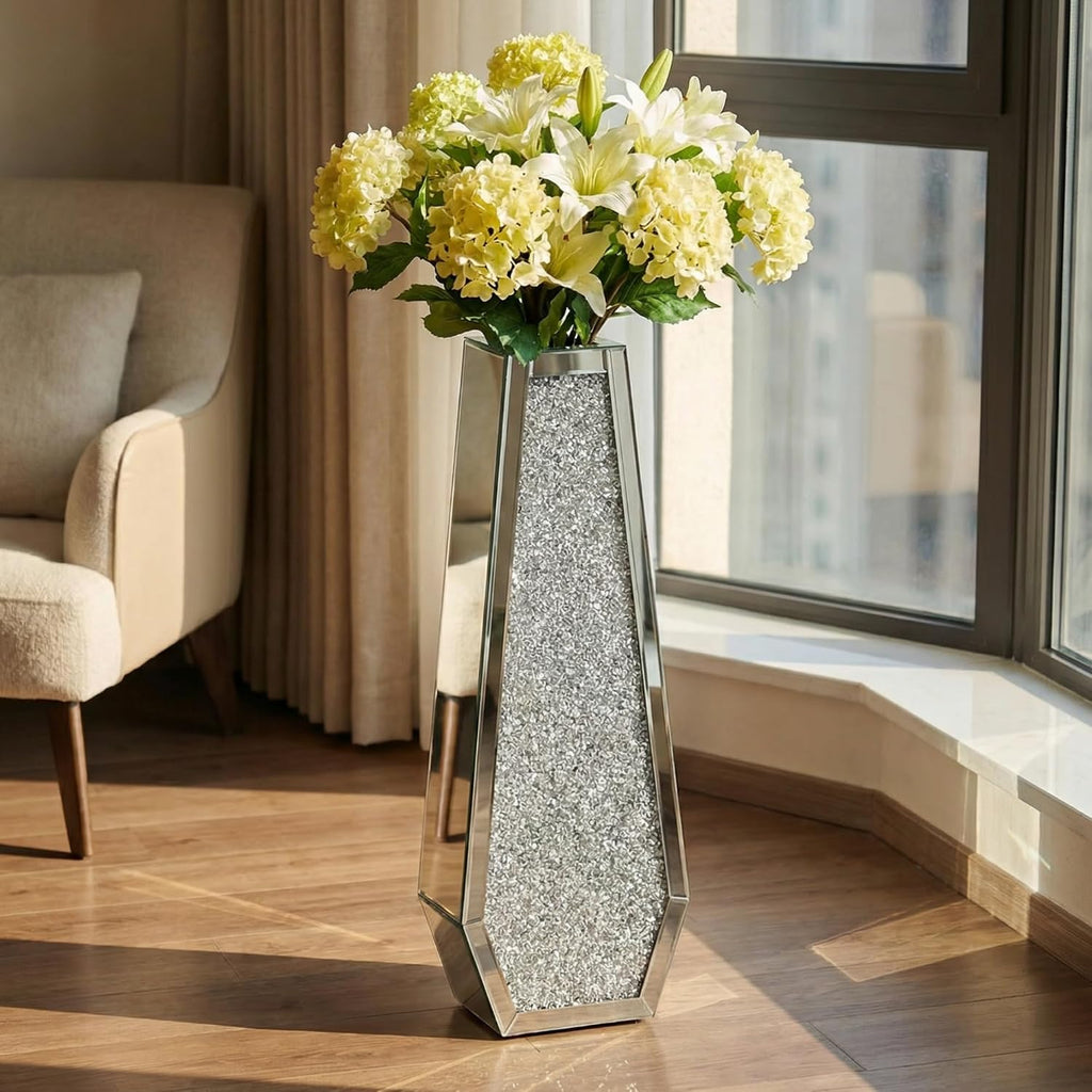 30' Large Double Sided Crushed Diamond Floor Vases,Tall Silver Mirrored Crystal Vase for Floor, Floor Vases Decorative Tall for Home,Office,Hotel (Silver,10.6' L x 5.3' W x 30' H)