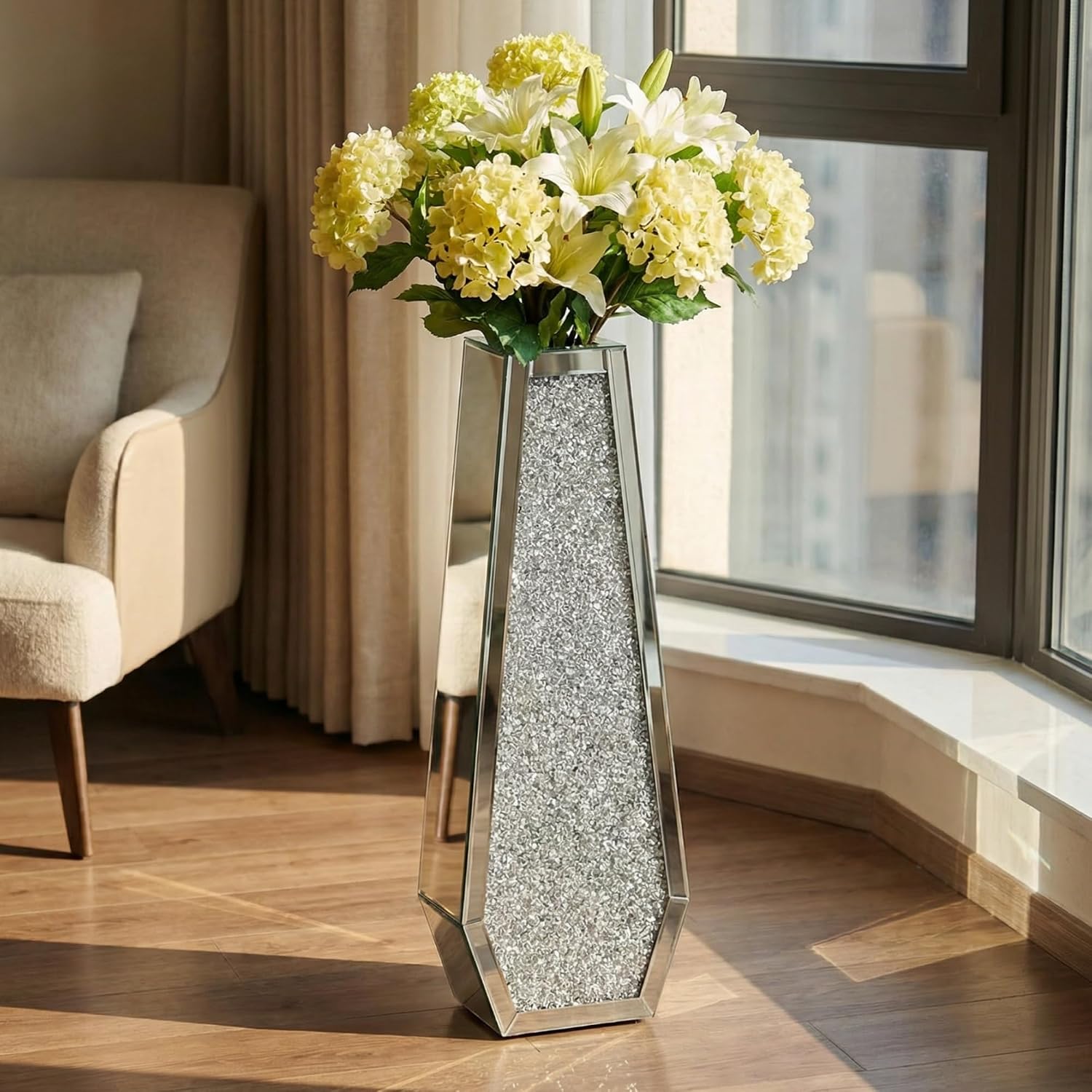 30' Large Double Sided Crushed Diamond Floor Vases,Tall Silver Mirrored Crystal Vase for Floor, Floor Vases Decorative Tall for Home,Office,Hotel (Silver,10.6' L x 5.3' W x 30' H)