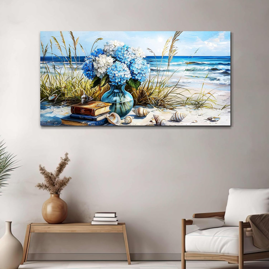 JUDASJART Wall Decor For Bedroom Large Wall Art For Living Room Office Decorations Modern Blue Beach Flower vase Paintings Ocean Seascape Wall Pictures Canvas Artwork Home Decor Ready To Hang