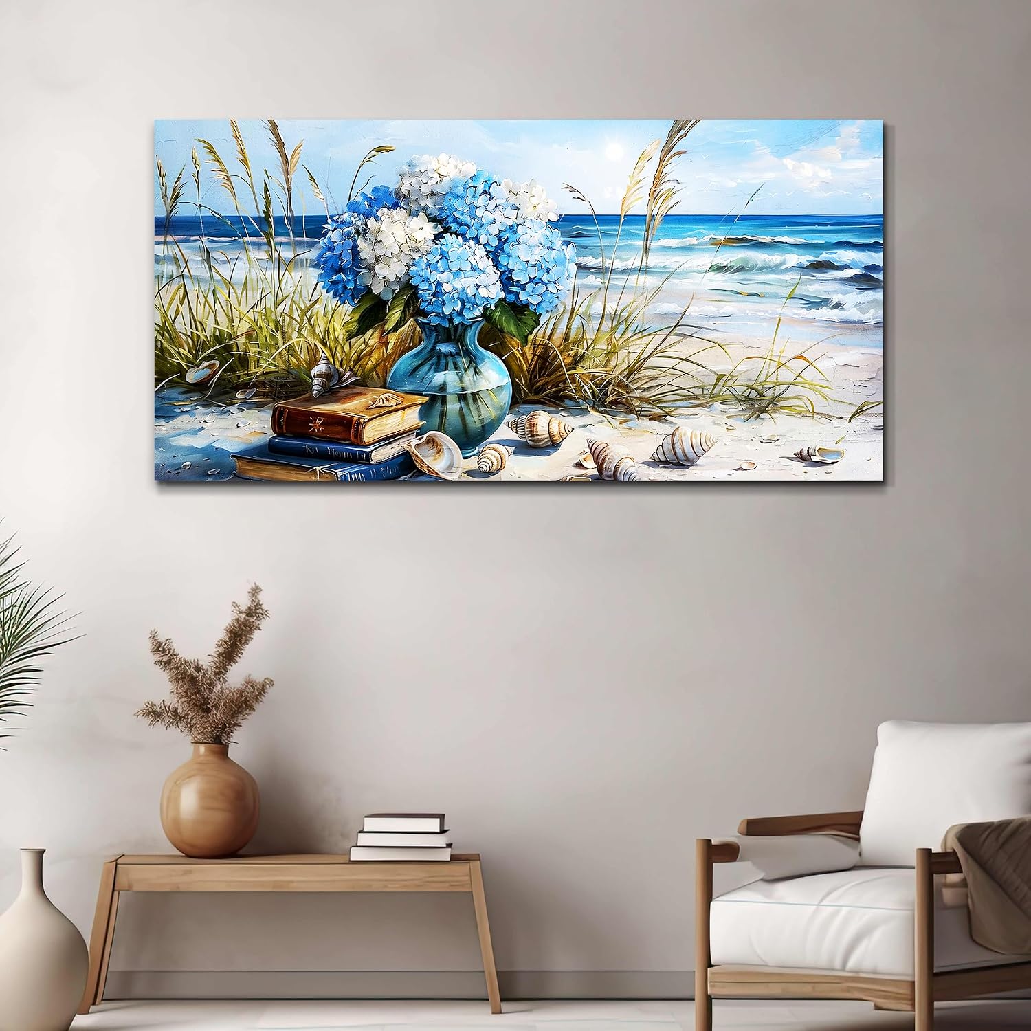 JUDASJART Wall Decor For Bedroom Large Wall Art For Living Room Office Decorations Modern Blue Beach Flower vase Paintings Ocean Seascape Wall Pictures Canvas Artwork Home Decor Ready To Hang