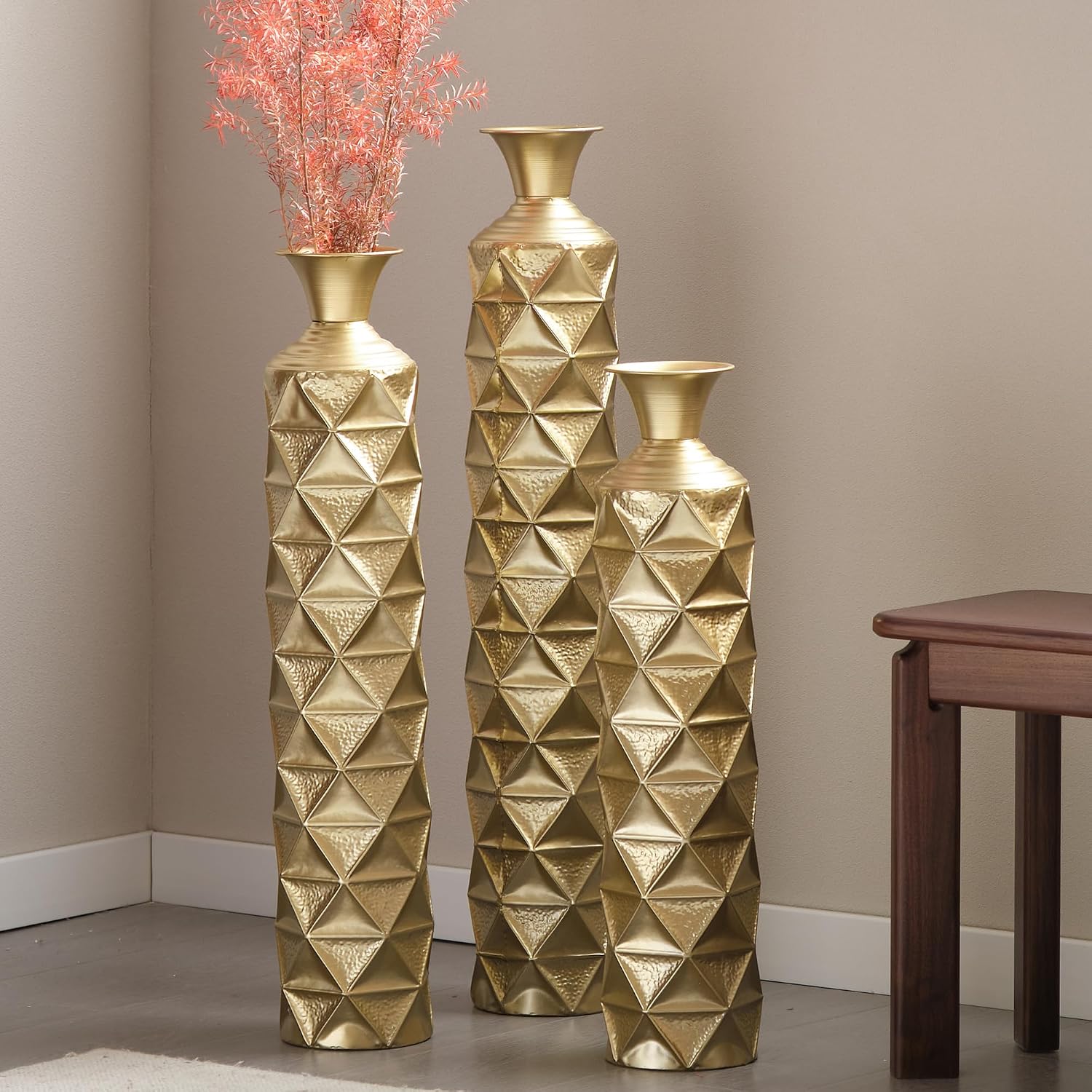 Floor Vases Decorative Tall - 33.5/29.5/25.2in Metal Extra Large Decorative Vase Set of 3, Semi-Handmade Gold-Plated Tall Floor Vase for Home Decor, Living Room Entryway Decor Dining Bedroom