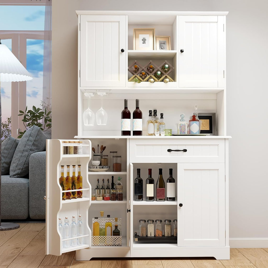 Gizoon Tall Kitchen Storage Cabinet with Door and Shelves, 67' Kitchen Pantry Cabinet Large Coffee Bar Hutch with Storage for Dining Room, Painted White