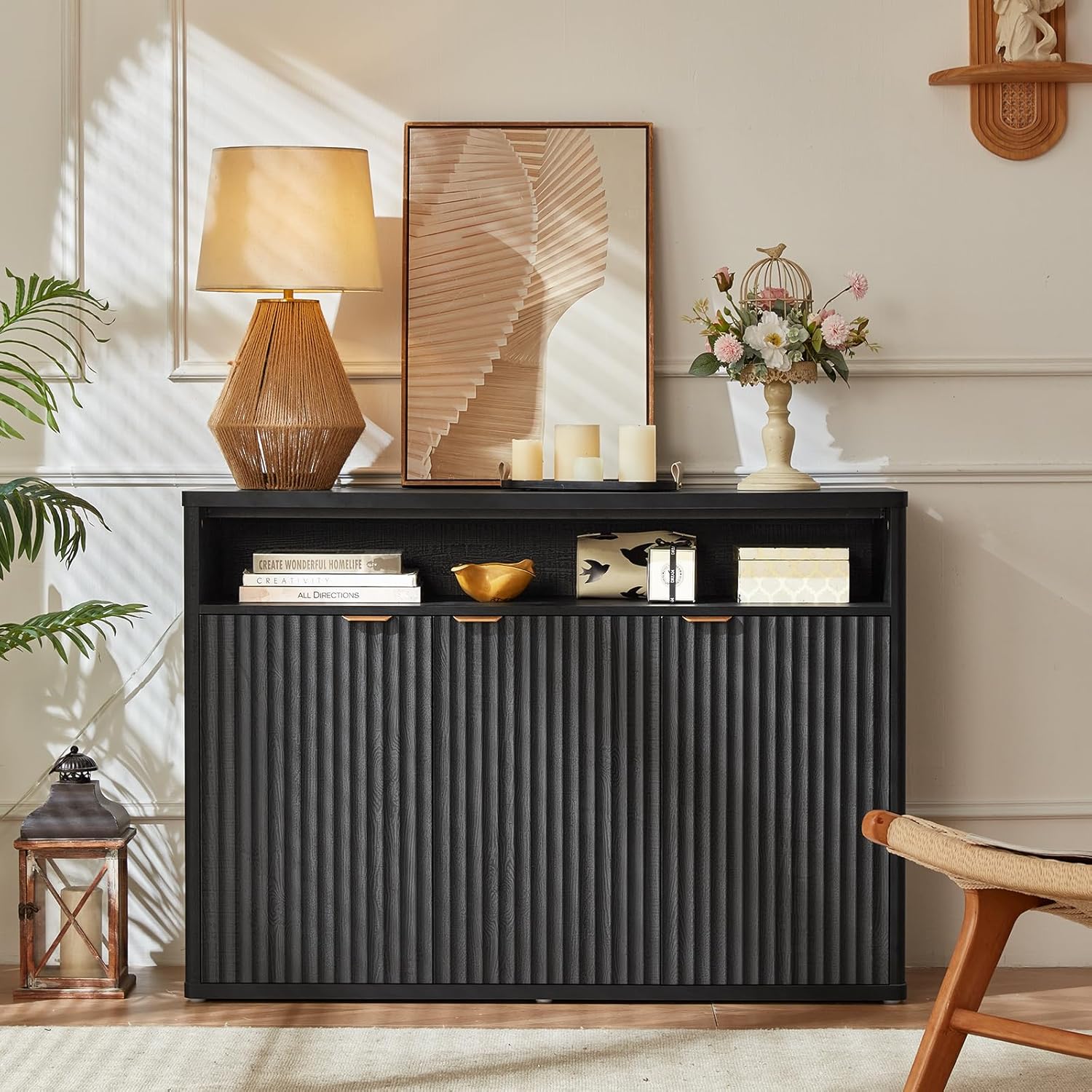 LEYAOYAO Fluted Buffet Cabinet with Storage, 45' Wide Wood Sideboard Credenza with 3 Doors & Open Storage Shelf, Modern Kitchen Console Accent Cabinets, Coffee Bar Table for Dining Room, Black Oak