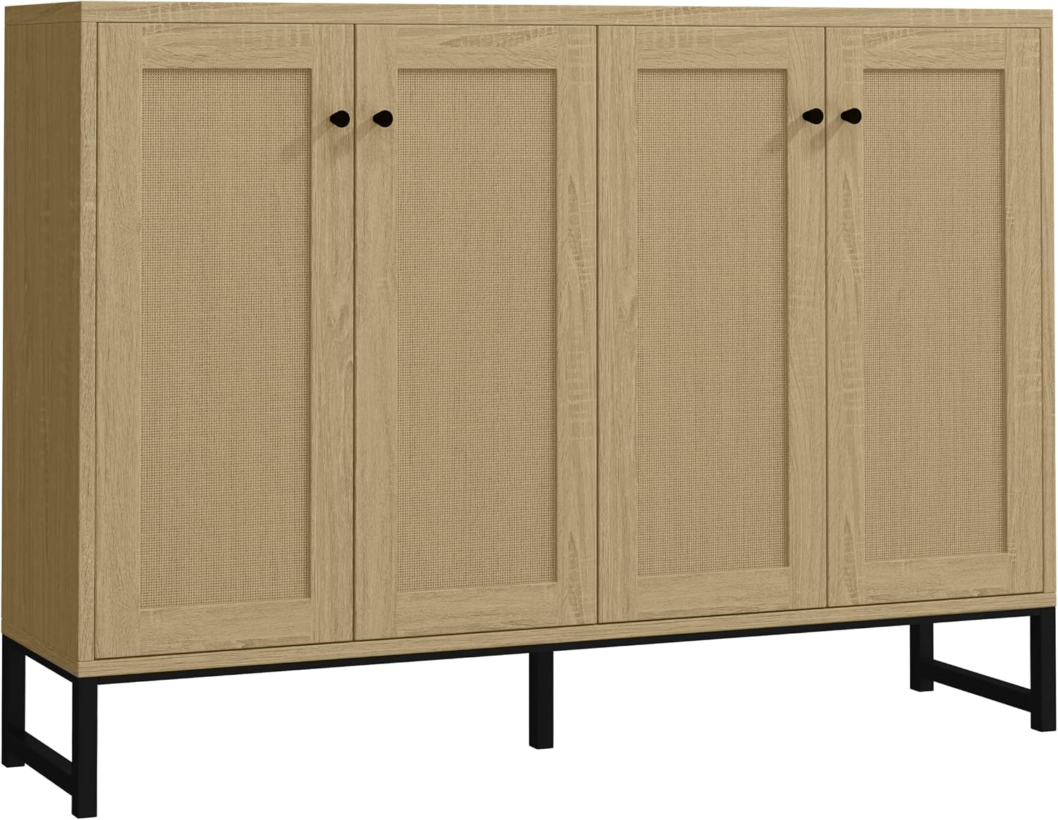 Panana Sideboard Accent Storage Cabinet with Rattan Decorated 4 Doors Dining Room Freestanding Kitchen Buffet Table Cupboard (Natural)