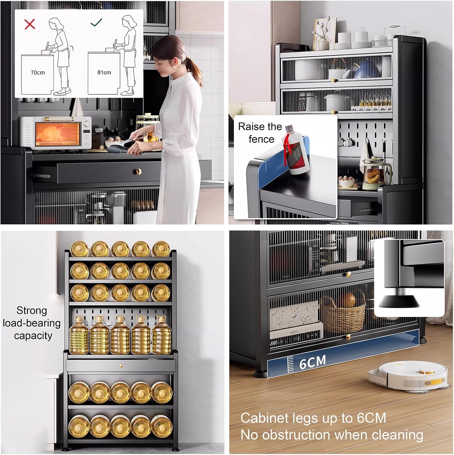Kitchen Bakers Rack with Drawer, Kitchen Cabinets with Worktop, Wide Tabletop, Large Capacity(Black,80cm)