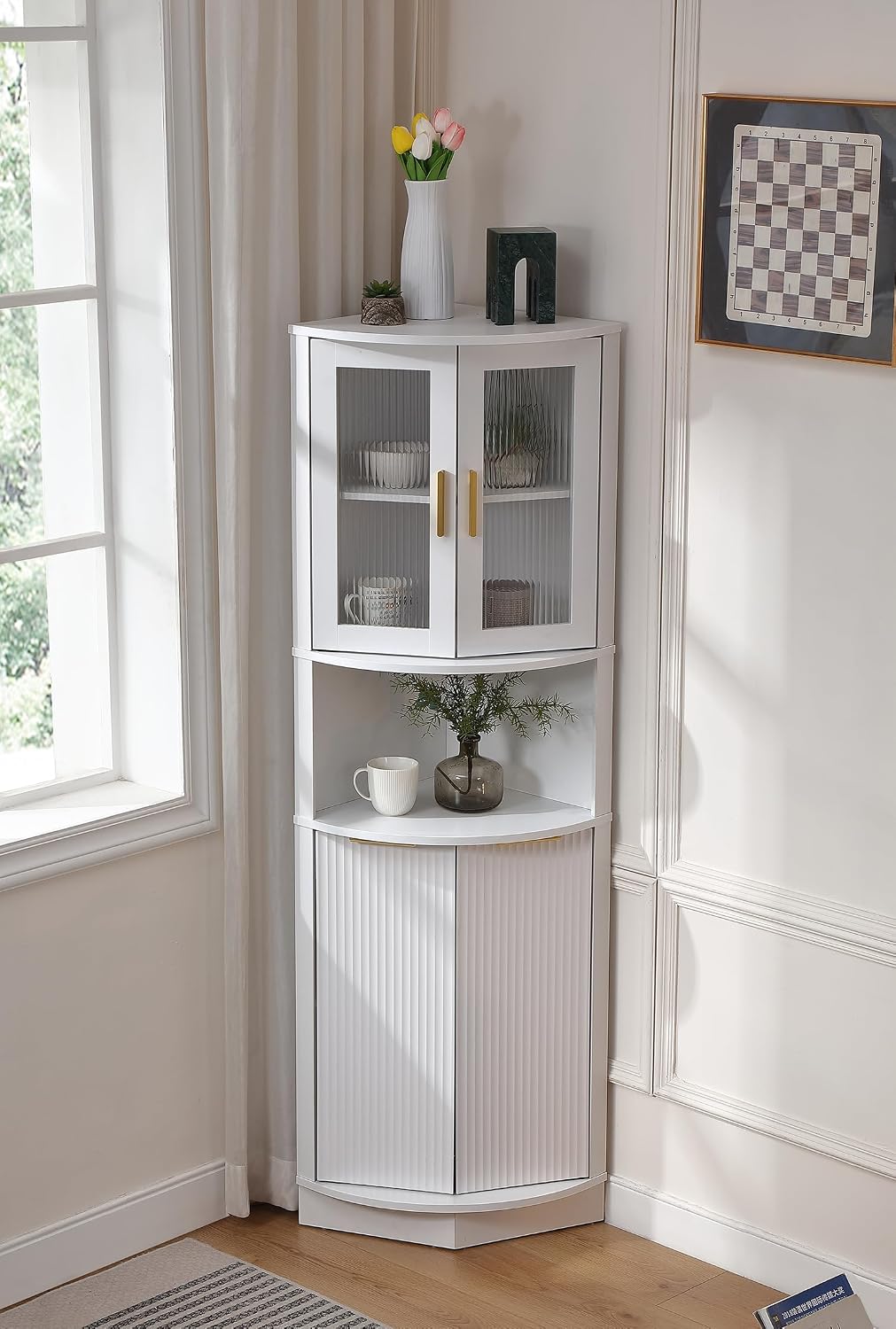 FOREST GRAVITY 64.57'' Tall Corner Cabinet with Shelves for Great Storage and Showcase,Storage Cabinet Double as Corner Liquor Cabinet with Pentagon Design for Livinng Room,Kitchen and Bathroom,White
