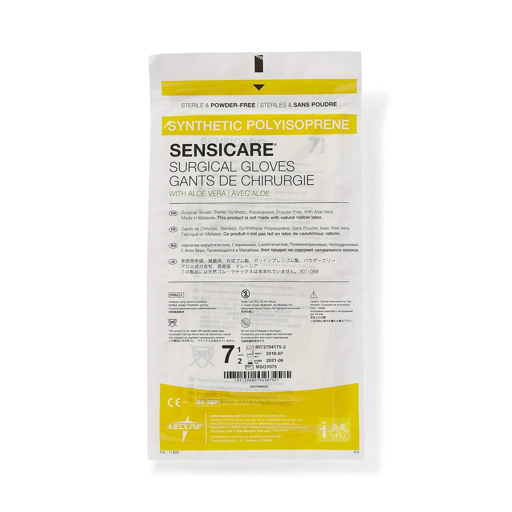 Medline SensiCare with Aloe Sterile Powder and Latex-Free Surgical Glove, Size 7.5, White (Pack of 100)