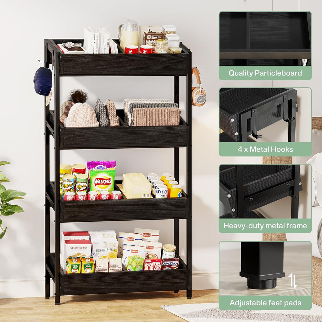 Tribesigns Wood Fruit and Vegetable Basket Stand Rack for Kitchen, Office, Store, Supremarket, Pantry Shelf Unit for Snacks, 4-Tier Wooden Utility Storage Shelves Set of 2 (Black)