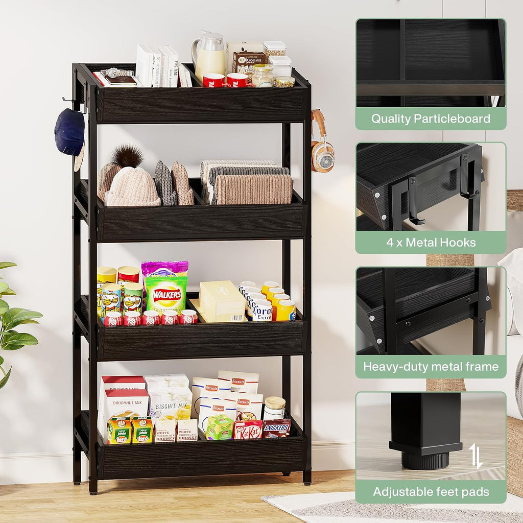 Tribesigns Wood Fruit and Vegetable Basket Stand Rack for Kitchen, Office, Store, Supremarket, Pantry Shelf Unit for Snacks, Cookies, Candies, 4-Tier Wooden Utility Storage Shelves (Black, 2PCS)