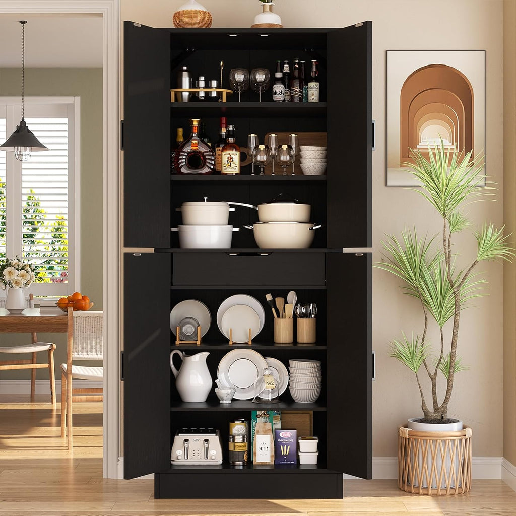 Unikito Black 71' Tall Kitchen Pantry Cabinet, Hidden Drawer and Farmhouse Barn Doors, 4 Adjustable Shelves, Freestanding Cupboard for Kitchen, Dining Room, Living Room, Utility Room