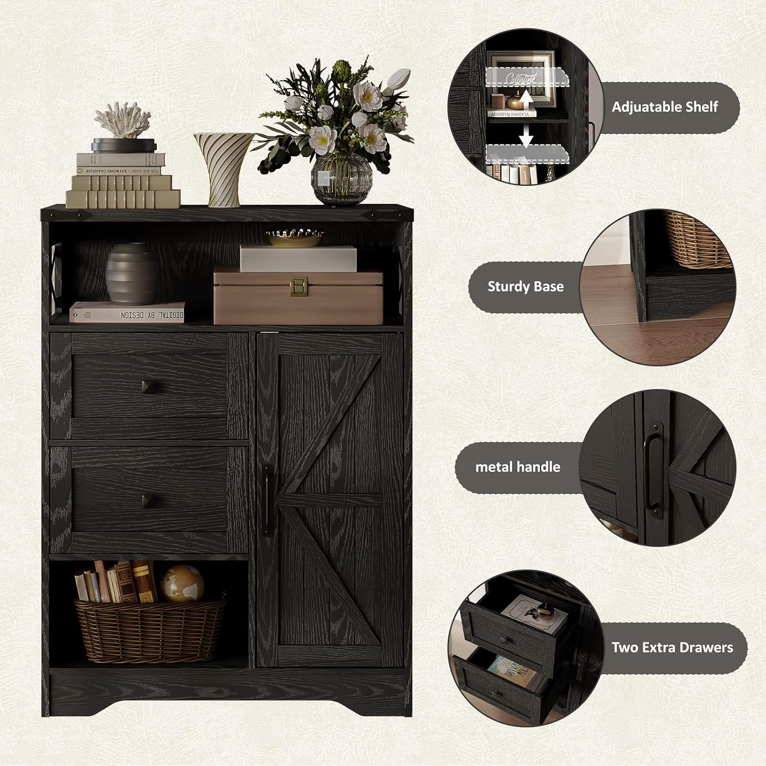 Fameill Farmhouse Storage Cabinet with 2 Drawers & Shelves,Freestanding Kitchen Cabinet with Doors,Floor Storage Organization for Living Room,Bathroom,Laundry,Black