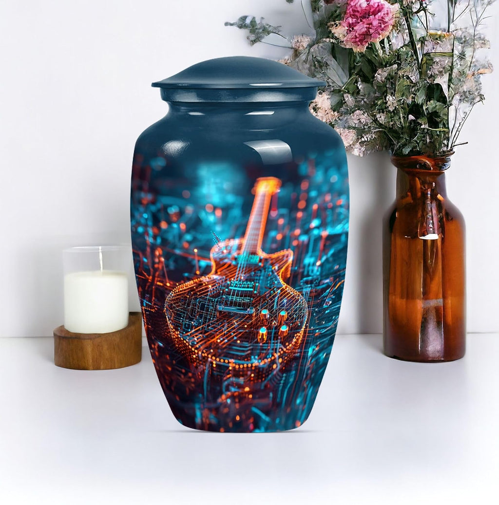 Guitar Urn - Memorial Urns - Cremation Urns -Metal Urns - Combo of 1 Large Urn with Velvet Bag and 4 Small - Urns for Human Ashes Small Keepsake & Large - Urns for Men & Women