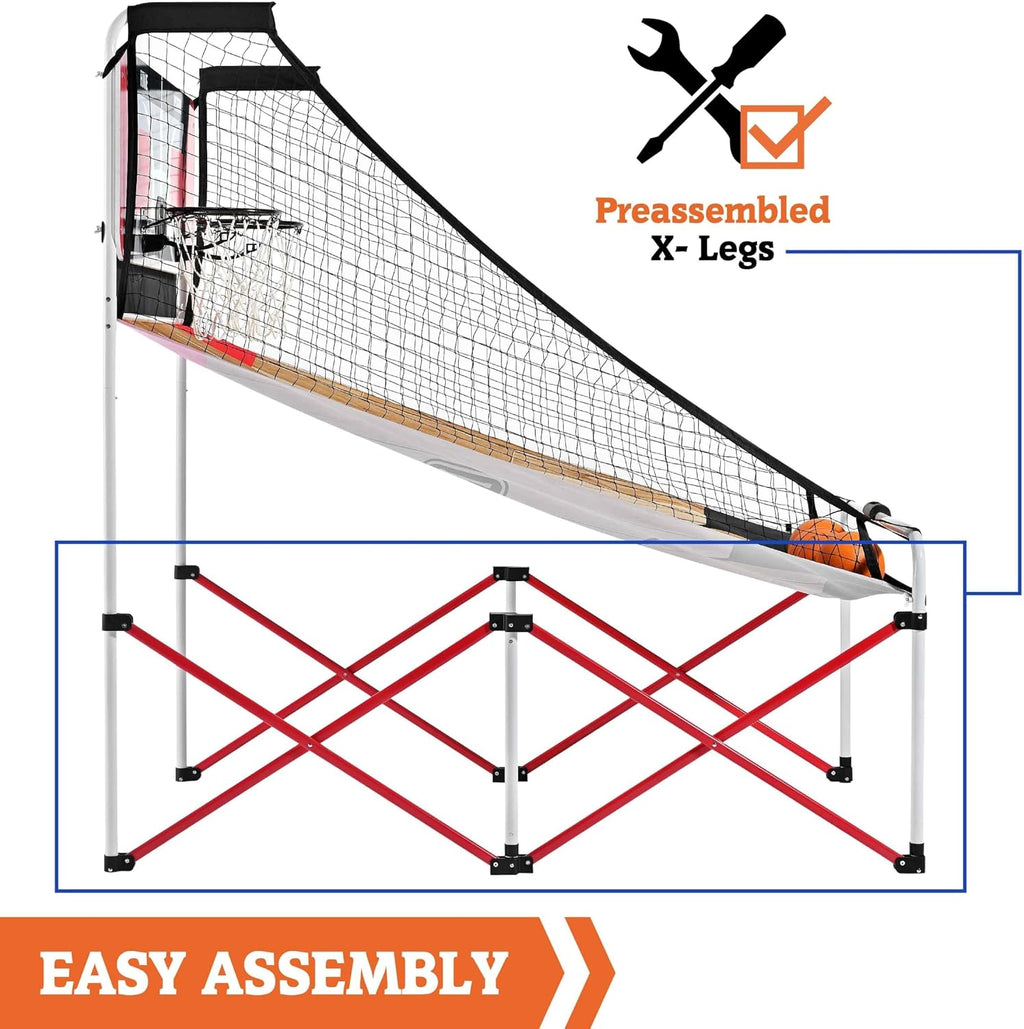 Hall of Games EZ Fold Premium Indoor Arcade Basketball Game with Steel Frame and Polycarbonate Backboard, Dual Shot Electronic Scoring with 6 Size 3 Balls Included, Perfect for Basement Game Rooms
