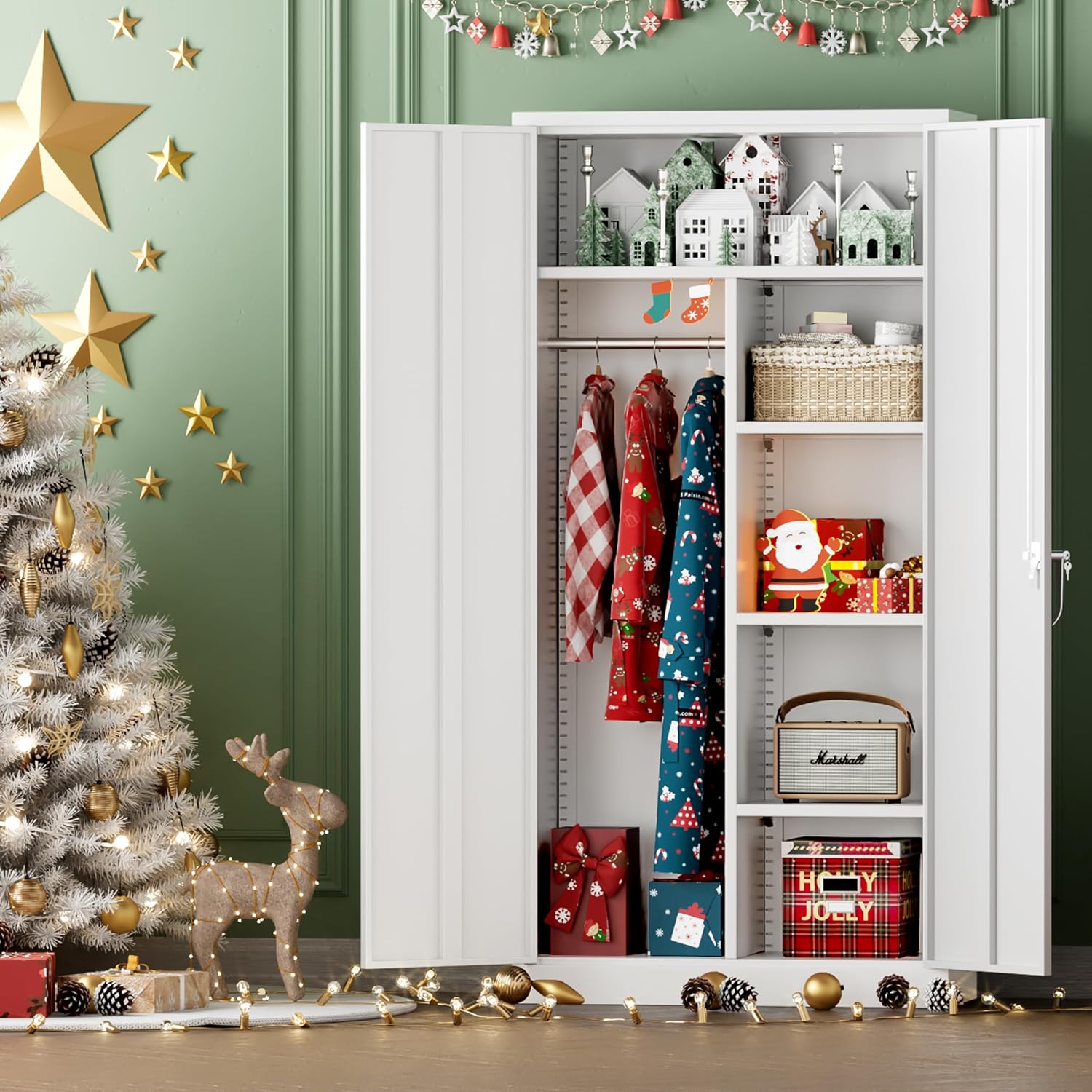 INTERGREAT Metal Wardrobe Closet, 72' Locking Storage Wardrobe Cabinet with Doors and Shelves, 18' D x 36' W Steel Clothes Storage Cabinets for Office, Home, School, Gym（White）
