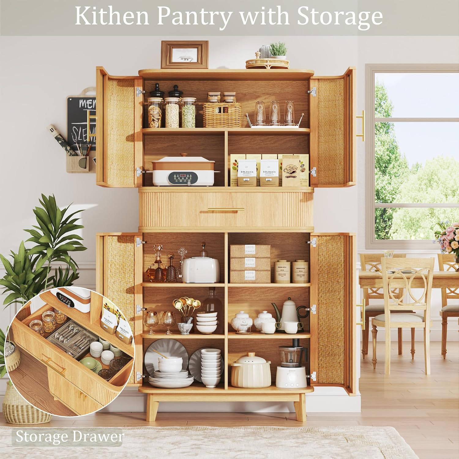 HUAHUU 71' Pantry Cabinet with Drawer, Kitchen Pantry Storage Cabinet with 4 Doors, Modern Curved Storage Cabinets with 10 Large Storage Spaces for Dining Room, Living Room, Oak