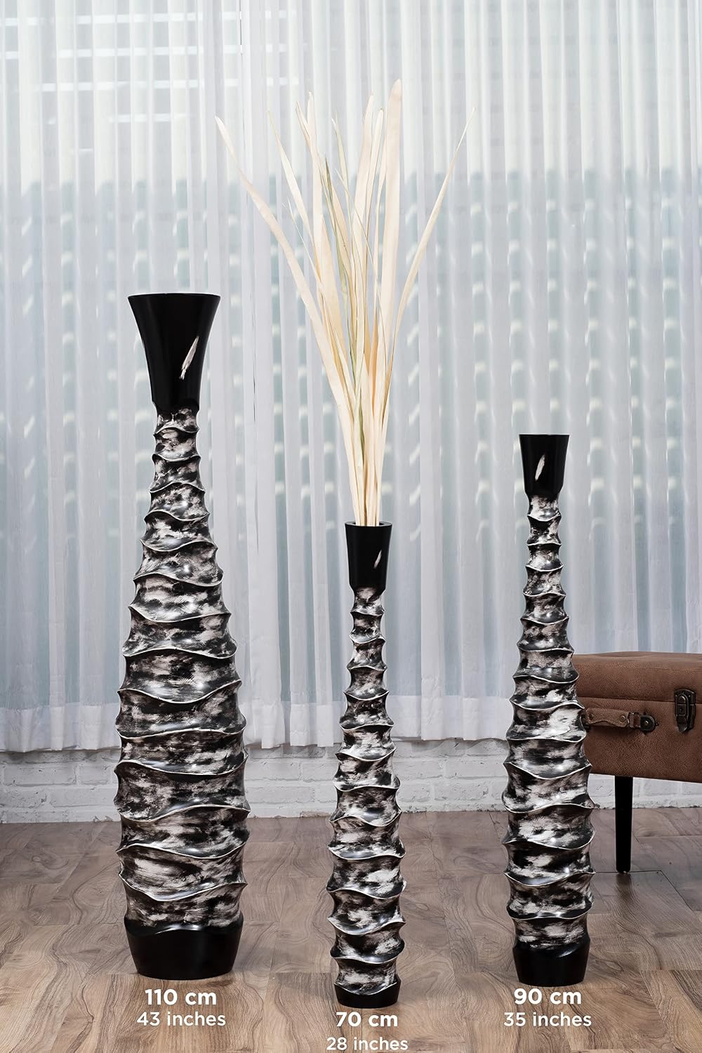 Leewadee Large Black White Home Decor Floor Vase – Wooden 43 inches Tall Farmhouse Decor Flower Holder for Fake Plant and Pampas Grass