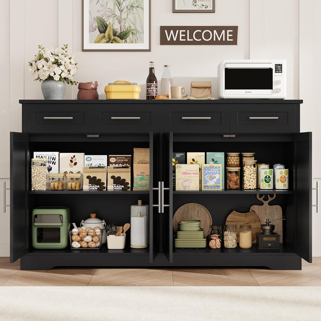 HOSTACK 60' Large Buffet Sideboard with Storage, 36' Tall Kitchen Buffet Storage Cabinet with 4 Drawer, Modern Coffee Bar Cabinet with Silver Handle, Long Sideboard Buffet Table for Kitchen, Black