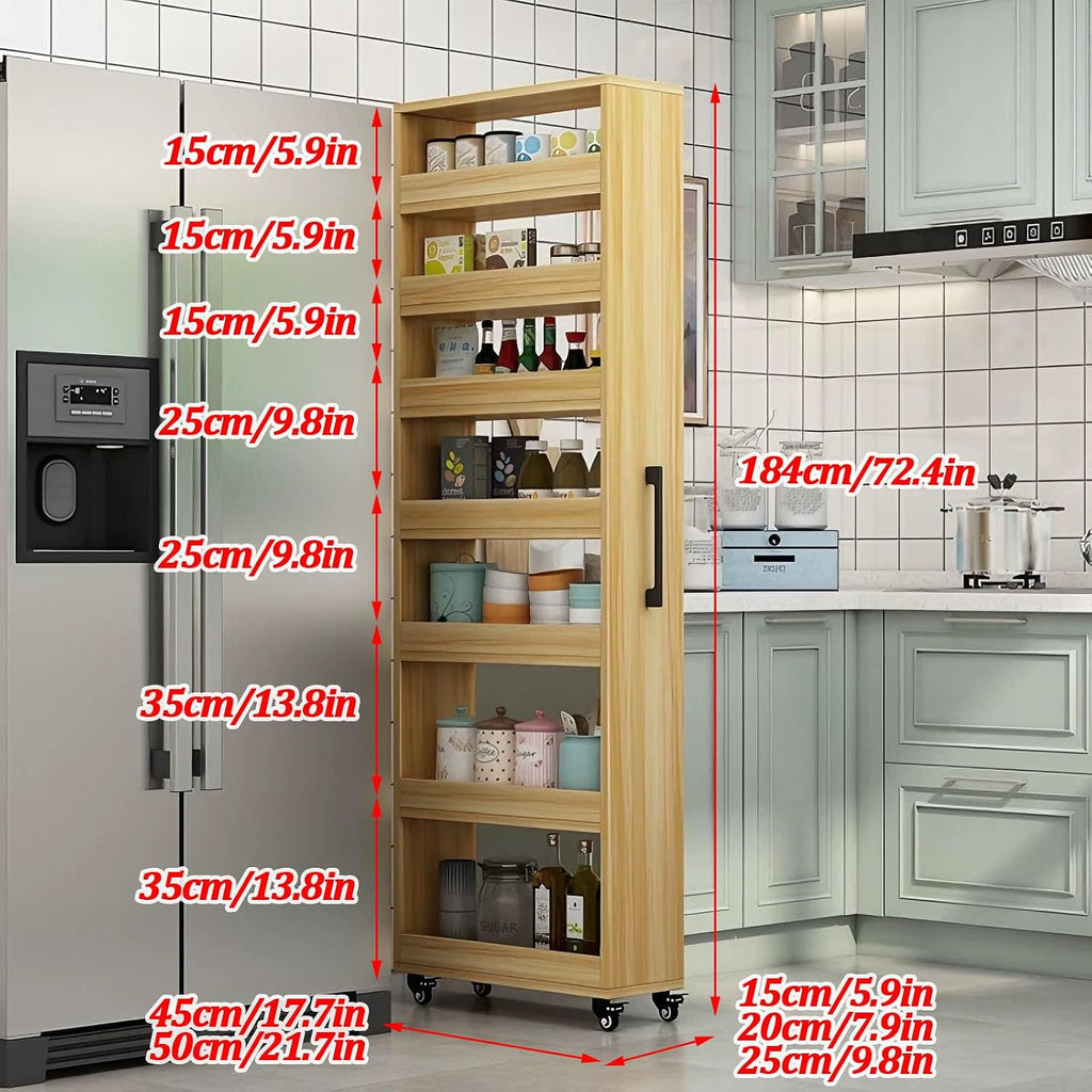 7-Tier Slim Storage Cart, Wooden Rolling Pantry Cabinet with Wheels, Narrow Shelf Organizer for Kitchen, Bakers Rack, Dining Room, Closet,White,W7.9×D17.7×H72.4