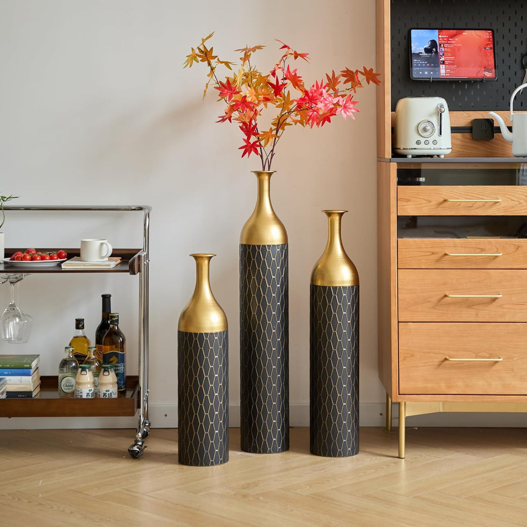 Floor Vases Decorative Tall - 24.8/30.31/34.25 in Metal Cylinder Vases Extra Large Decorative Vase Set of 3 Living Room Modern Big Standing Decor for Dining Bedroom Home Corner Indoor