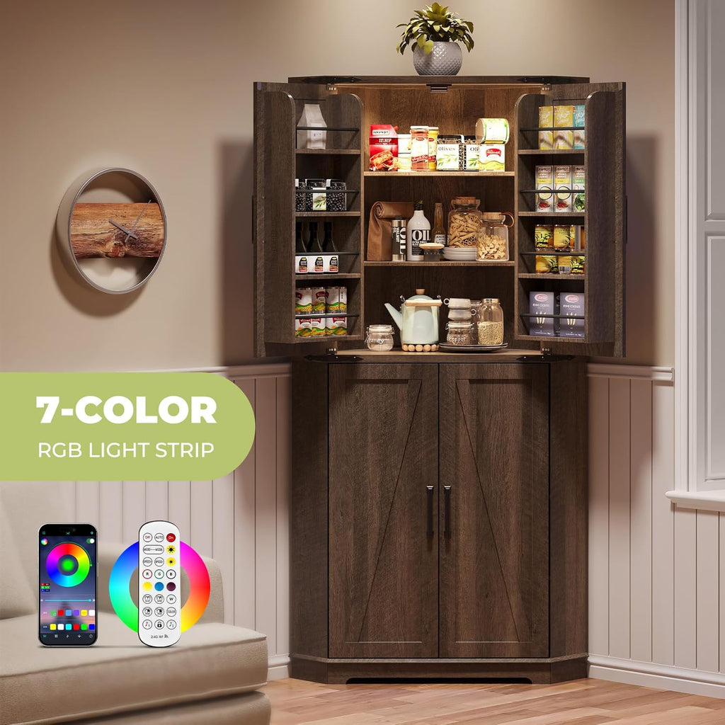 Dripex 71' Brown Farmhouse Corner Pantry Cabinet with LED Light, Tall Storage Cabinet with Doors & Adjustable Shelves, Food Pantry for Kitchen, Living Room, Dining Room