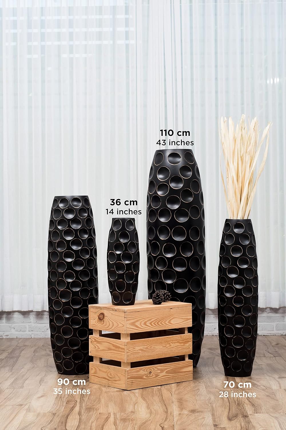 Leewadee Large Black Home Decor Floor Vase - Wooden 26 inch Tall Farmhouse Decor Flower Holder for Fake Plant and Pampas Grass