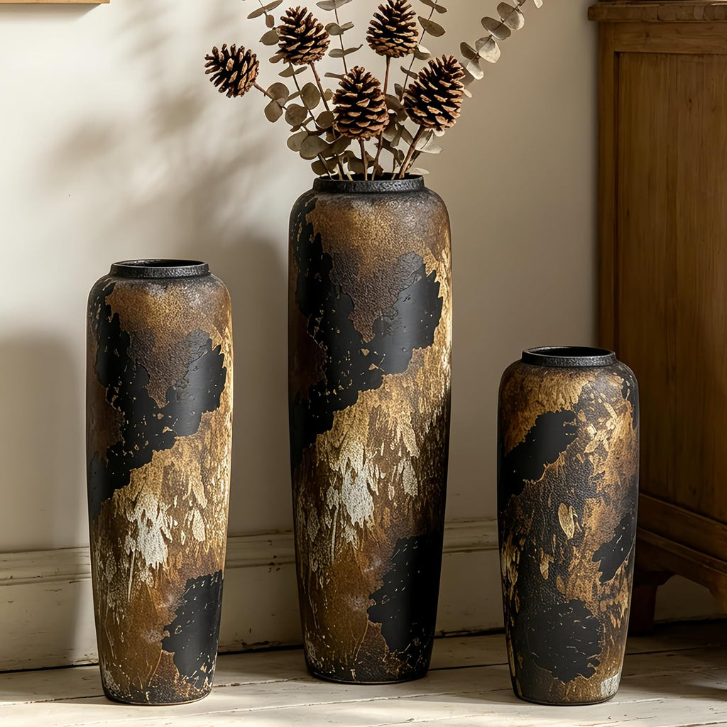 Black Rustic Ceramic Tall Floor Vase, 23.6 Inch Vintage Large Farmhouse Vase Pottery Clay Terracotta Rustic Vases for Home Decor Living Room Entryway Table Centerpieces,Kitchen,Housewarming Gifts