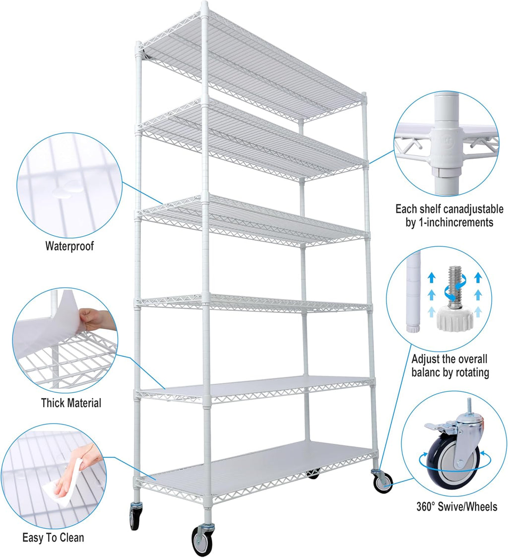Heavy-Duty 6-Tier NSF Commercial Shelving Unit - 6000LB Capacity Adjustable Metal Storage Rack with Wheels, 84' H x 48' L x 20' D, Steel Wire Shelving for Warehouse/Garage/Restaurant (White)