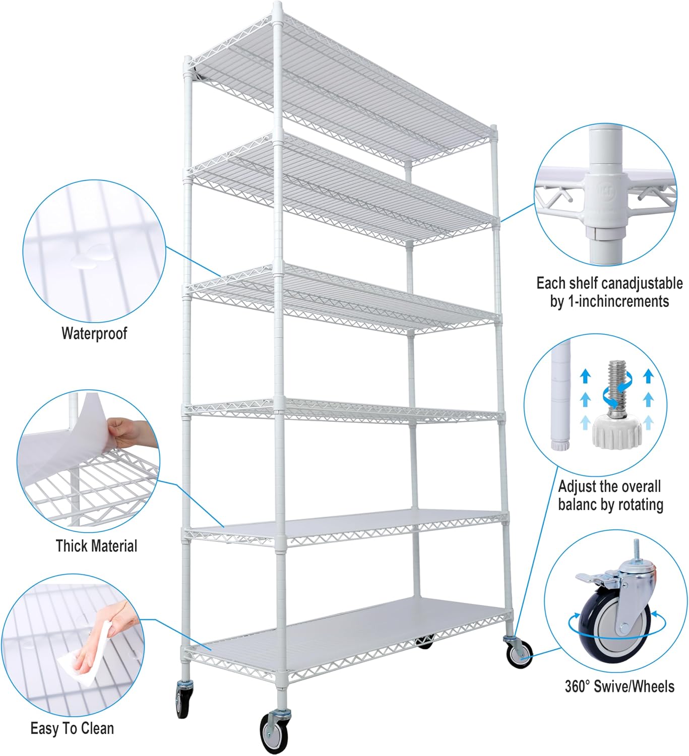 Heavy-Duty 6-Tier NSF Commercial Shelving Unit - 6000LB Capacity Adjustable Metal Storage Rack with Wheels, 84' H x 48' L x 20' D, Steel Wire Shelving for Warehouse/Garage/Restaurant (White)