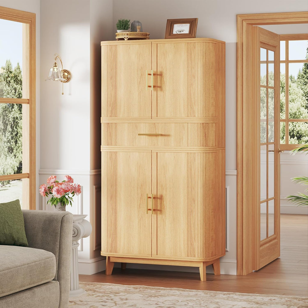 HUAHUU 71' Pantry Cabinet with Drawer, Kitchen Pantry Storage Cabinet with 4 Doors, Modern Curved Storage Cabinets with 10 Large Storage Spaces for Dining Room, Living Room, Oak