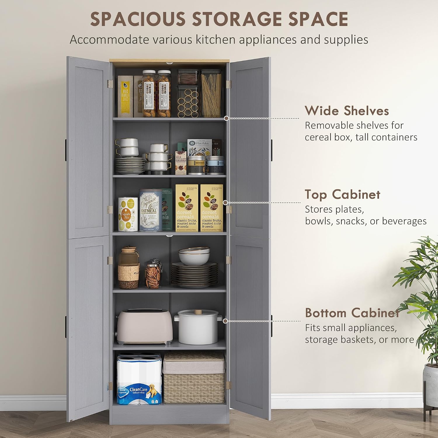 HOMCOM 67' Freestanding Kitchen Pantry, 4-Door Storage Cabinet Organizer with Adjustable Shelves, Kitchen Cabinet with Doors and Shelves, Distressed Gray