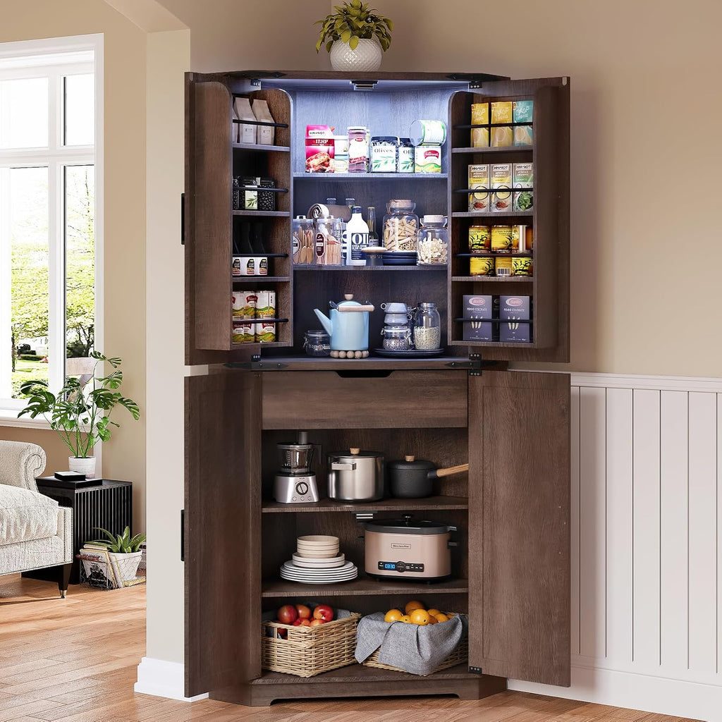 Dripex 71' Brown Farmhouse Corner Pantry Cabinet with LED Light, Tall Storage Cabinet with Doors & Adjustable Shelves, Food Pantry for Kitchen, Living Room, Dining Room