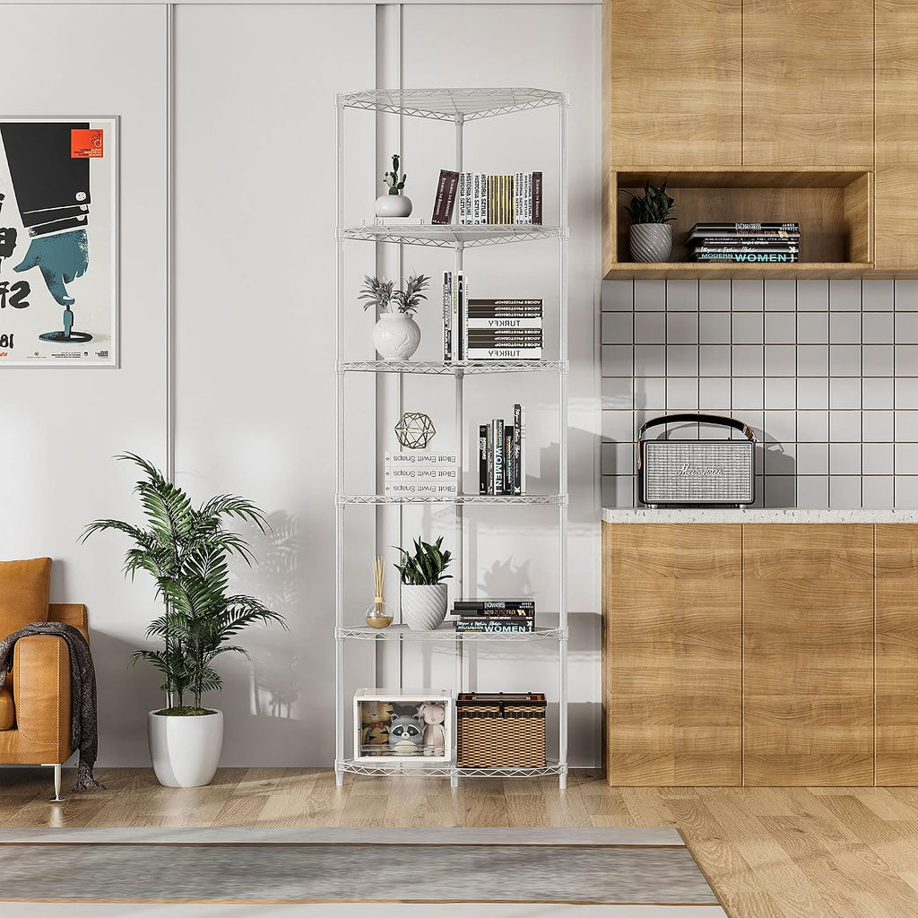 600lbs 6 Tier Corner Shelf NSF Metal Wire Shelving Unit, Adjustable, with Leveling Feet and Waterproof Shelf Liners for Garage, Kitchen, and More - 20' L x 20' D x 72' H, White Pentagonal-Shape