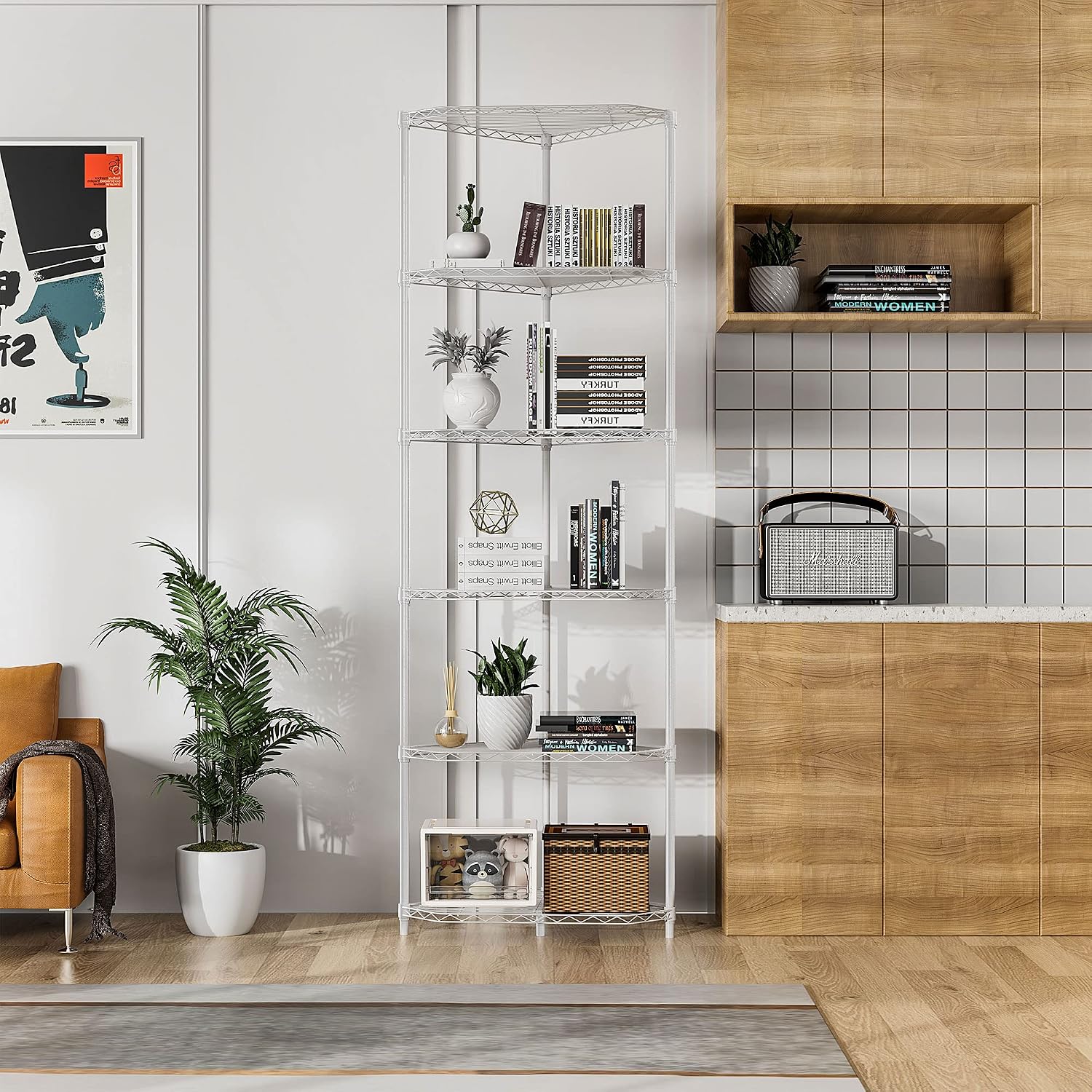 600lbs 6 Tier Corner Shelf NSF Metal Wire Shelving Unit, Adjustable, with Leveling Feet and Waterproof Shelf Liners for Garage, Kitchen, and More - 20' L x 20' D x 72' H, White Pentagonal-Shape