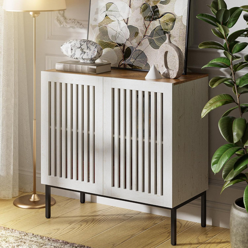 BVIUNTWO 31.5' Farmhouse Buffet Cabinet with Metal Base, Adjustable Shelf & 2 Doors, Antique White Storage Sideboard for Kitchen, Dining & Living Room