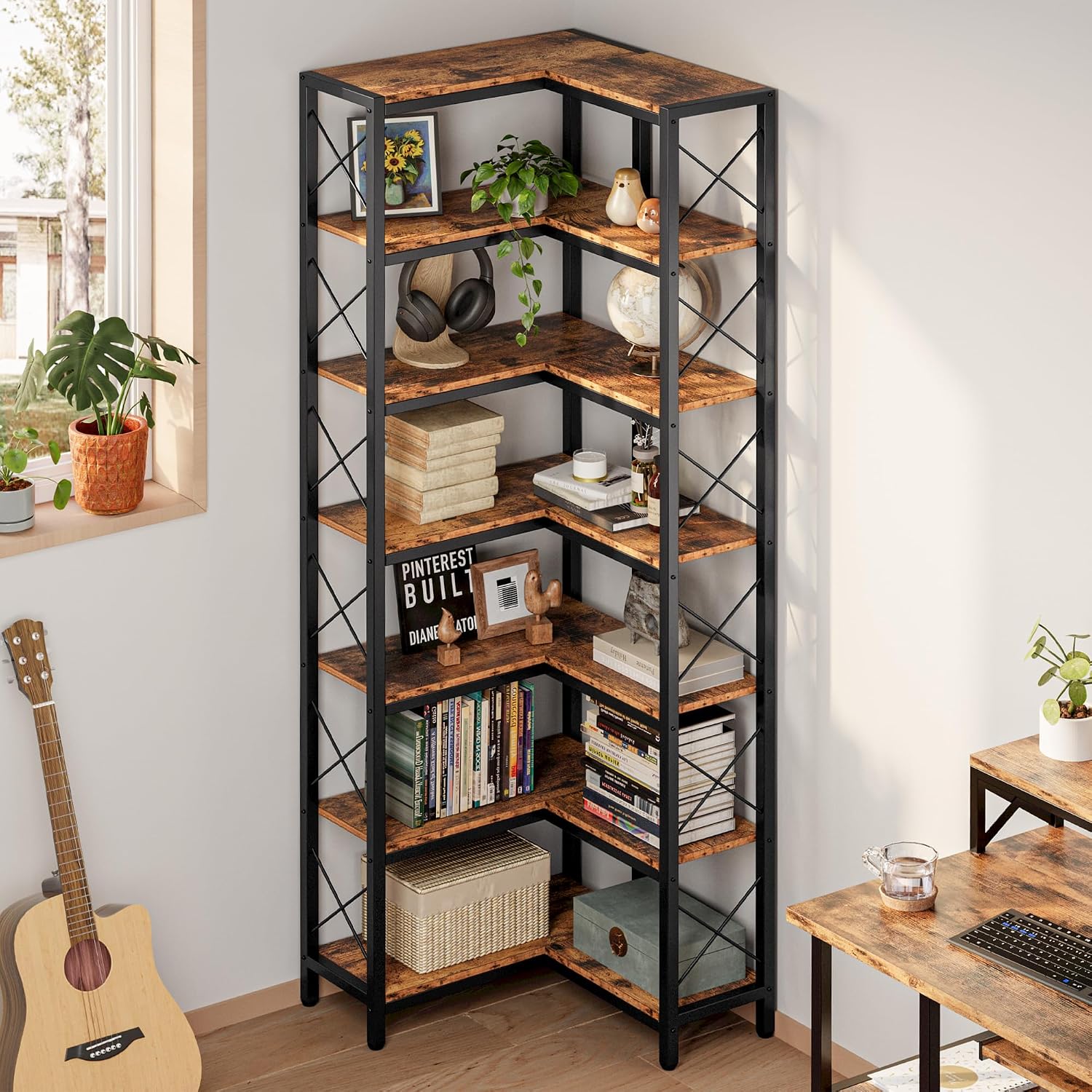 IRONCK Corner Bookshelf, 7-Tier Industrial Corner Bookcase, Tall Corner Shelf Storage Display Rack with Metal Frame for Living Room Home Office, Vintage Brown