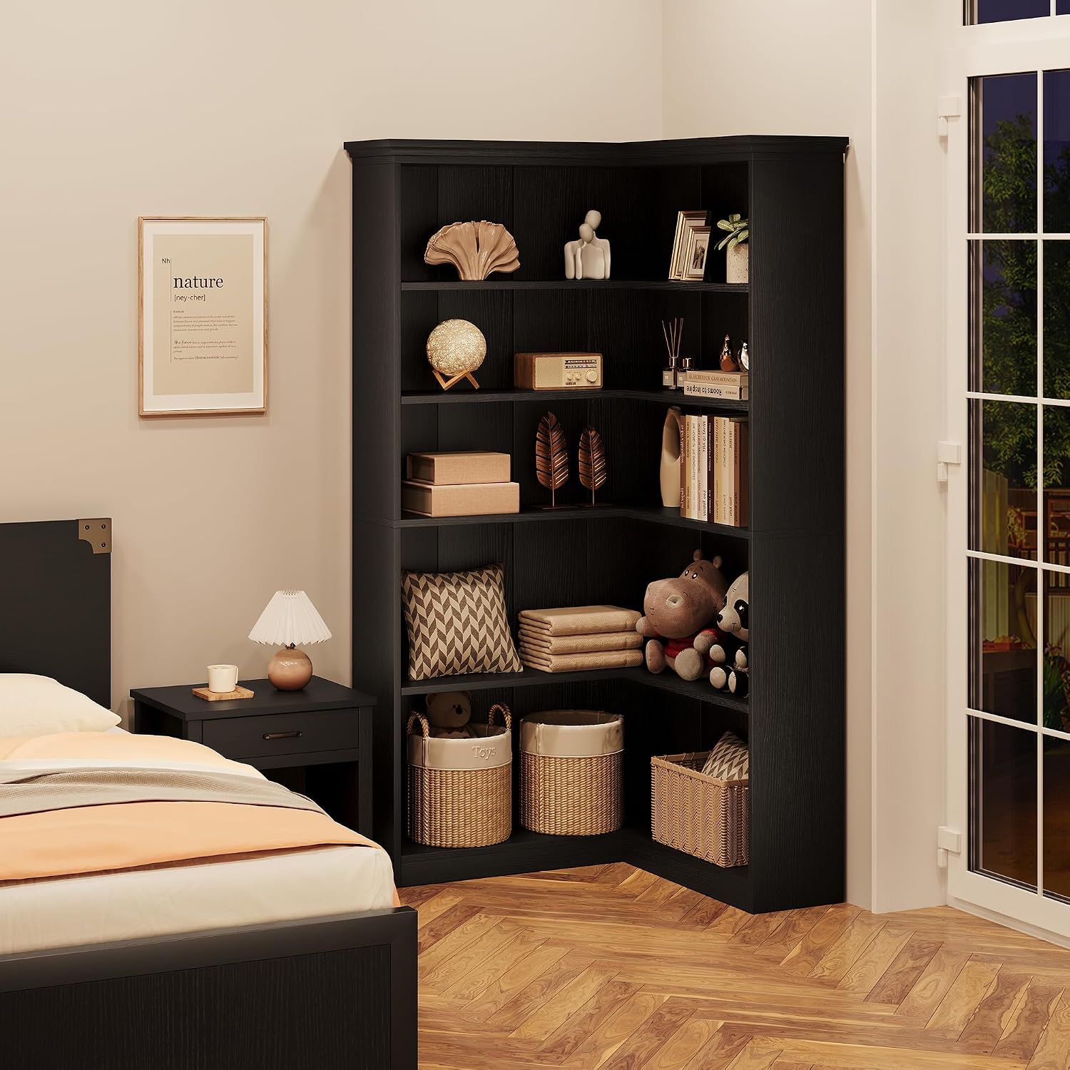 IDEALHOUSE Corner Bookshelf 72.8in Farmhouse Bookcase Large Bookshelf Wood Bookcase Tall 5 Tier Corner Shelf L Shaped Bookshelfs Storage Display Rack Living Room Bedroom (Black Full Panel)