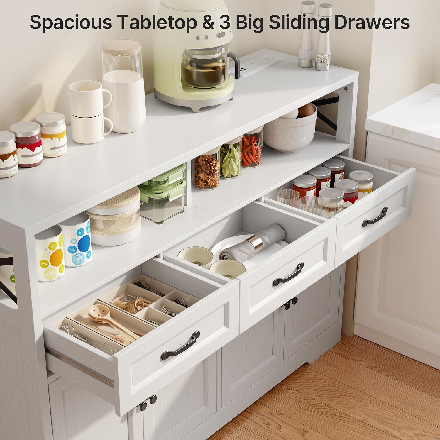 Ahomly 51' Buffet Cabinet with Adjustable Storage, Charging Port - 3 Drawers & 4 Doors Large Sideboard, Multi - Scene Coffee Bar/Microwave Stand for Kitchen,Living Room,Entryway（White）