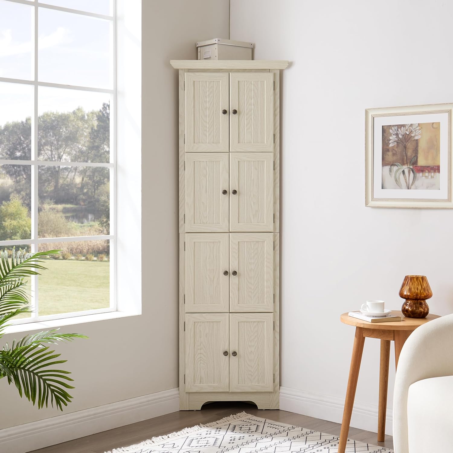 72' Corner Design Freestanding Storage Cabinet, Kitchen Storage Bakers Rack with Sleek Metal Handles, Utility Food Cupboard with 4-Tier Shelves for Kitchen, Bathroom, Living Room, White