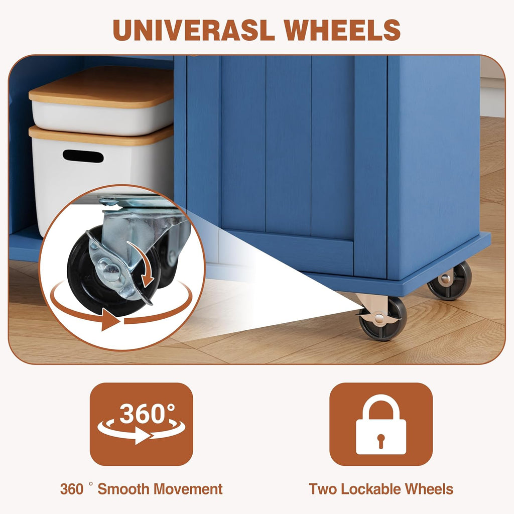 JY QAQA 42' Kitchen Island with Storage on Wheels, Rolling Table with Drop Leaf, Drawers, Cart Handle for Towel Rack or Free Movement, Blue