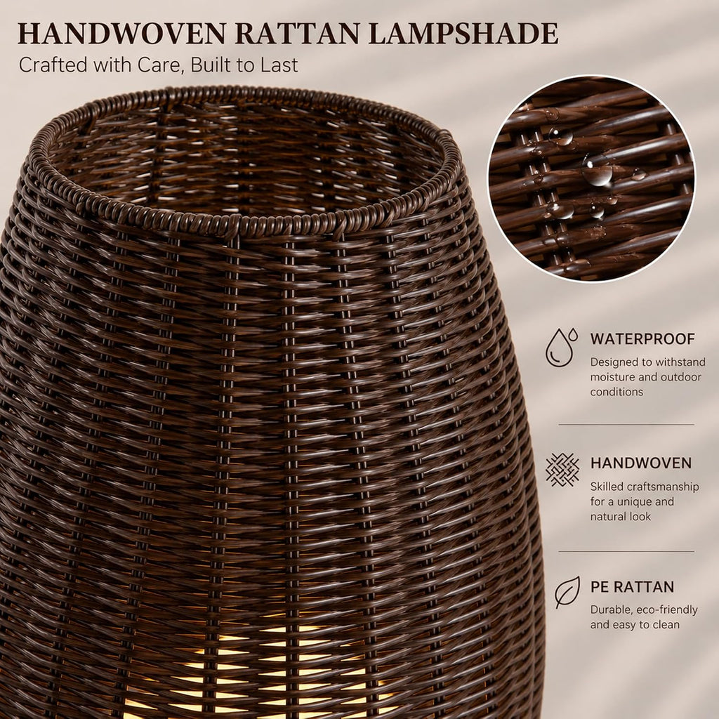 MIXL-Coffee Brown Rattan Floor Lamp,Waterproof Outdoor Patio Lamps with Globe Shade,Wicker Shade Indoor & Outdoor Floor Lamp for Garden Lawn and Living Room