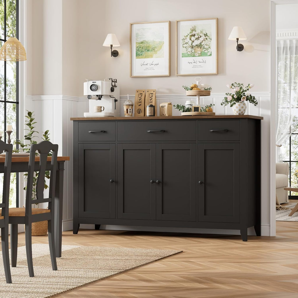HORSTORS 55' Buffet Cabinet, Modern Farmhouse Sideboard Buffet with Drawers, Large Kitchen Storage Cabinet with Adjustable Shelves, Wood Coffee Bar for Kitchen, Dining Room, Living Room, Black
