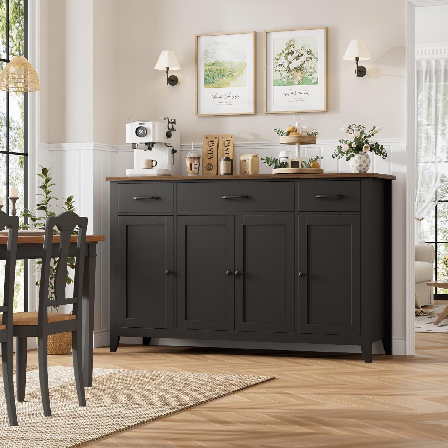 HORSTORS 55' Buffet Cabinet, Modern Farmhouse Sideboard Buffet with Drawers, Large Kitchen Storage Cabinet with Adjustable Shelves, Wood Coffee Bar for Kitchen, Dining Room, Living Room, Black