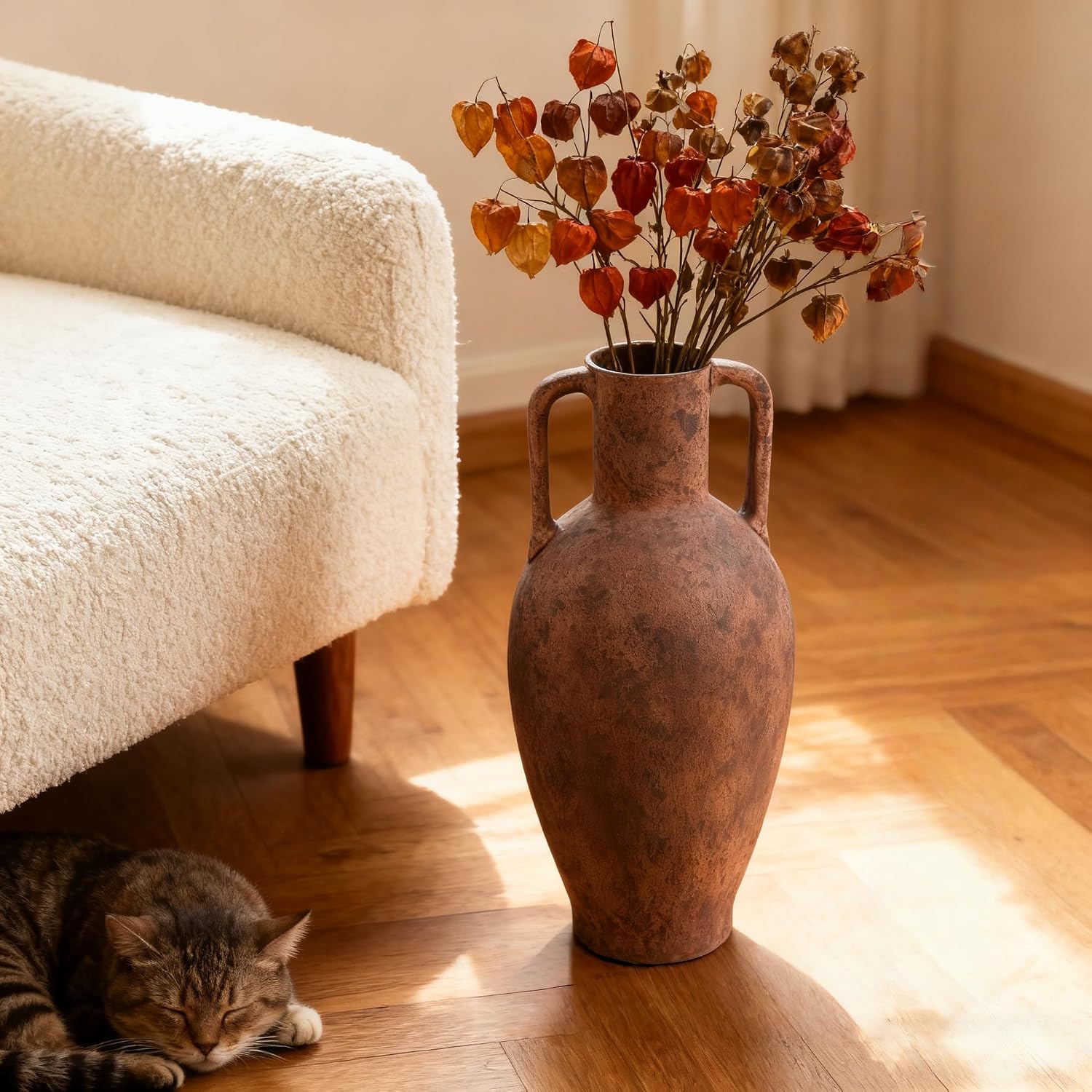 Tall Terracotta Vase，Distressed Terracotta Flower Vase with Handles for Living Room Bedroom Hotel Office Decor 20.08 in（51cm）