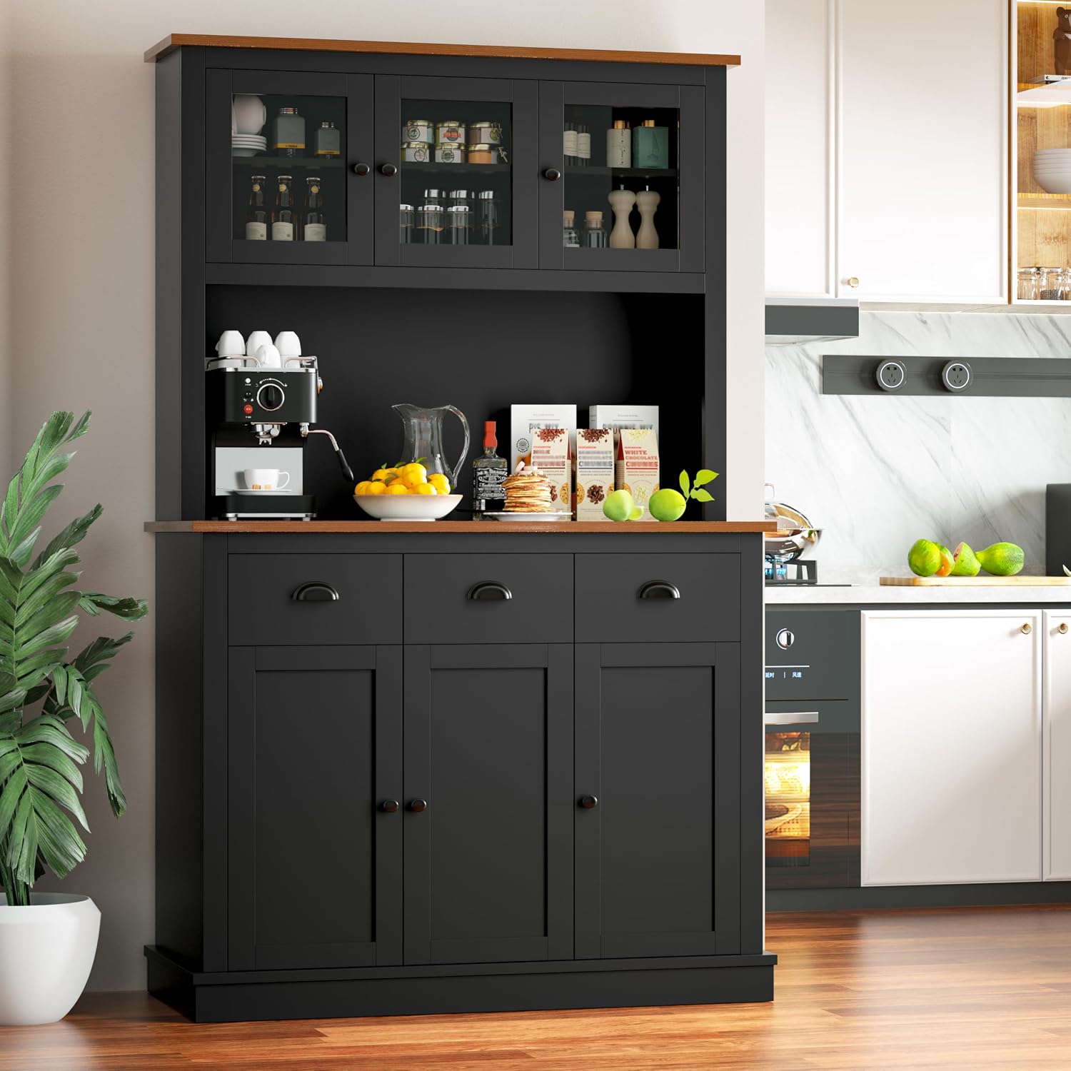 MU 71' Kitchen Pantry Cabinet with Charging Station, Tall Pantry Hutch with Drawers, Countertop & Microwave Shelf, Food Storage Cabinet for Dining Room & Coffee Bar, Black